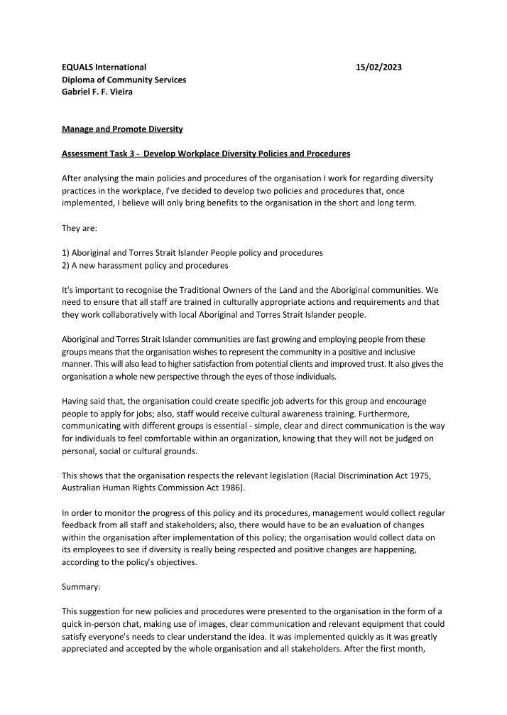 Workplace Diversity Policies and Procedures - Task 3