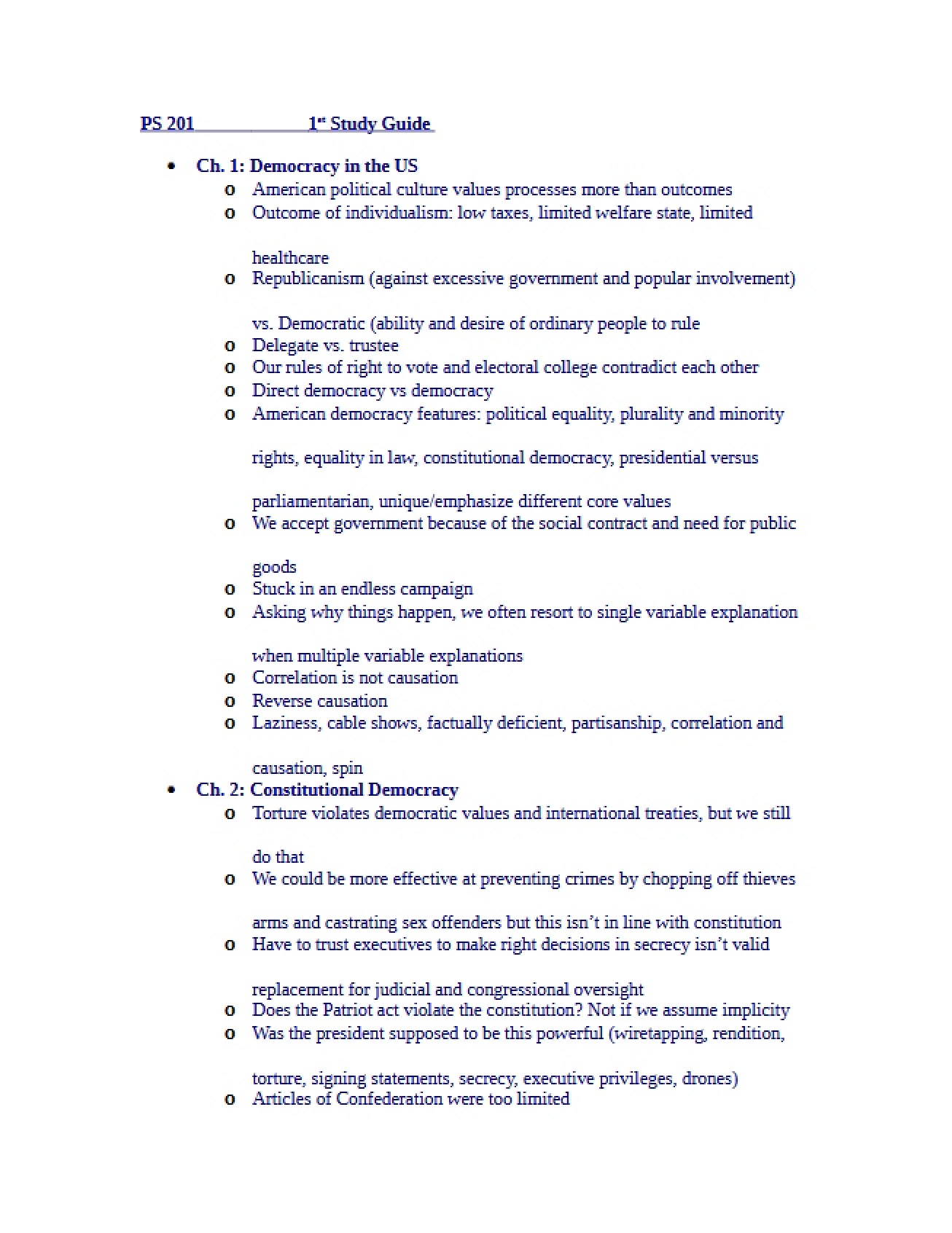 First Study Guide for PS 201