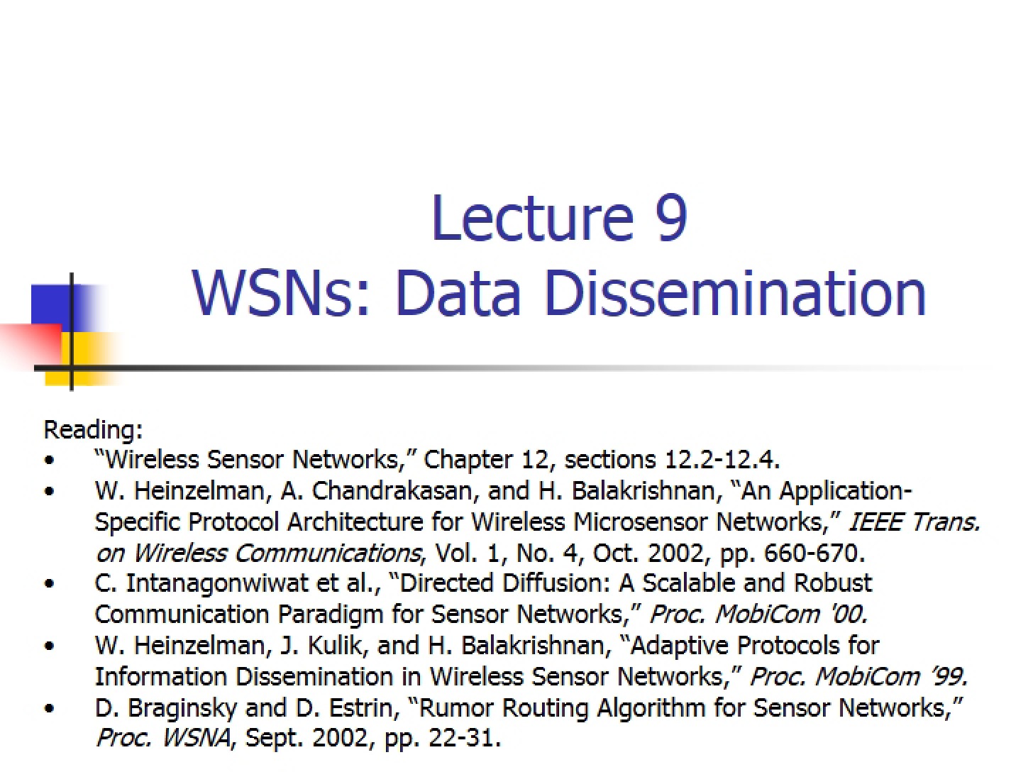 Data Dissemination in WSNs (Lecture 9)