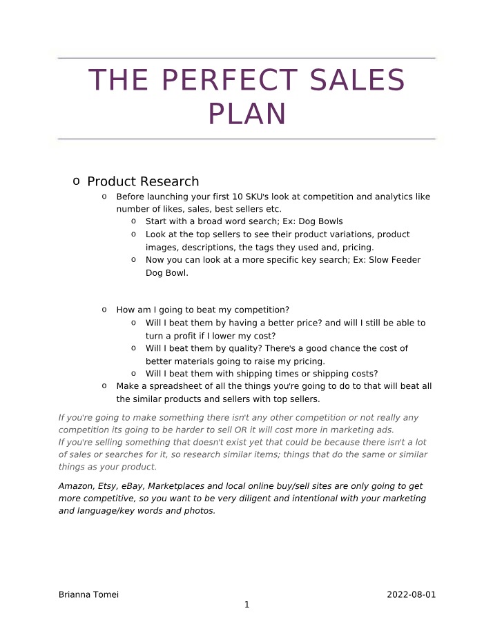 Perfecting the Sales Plan