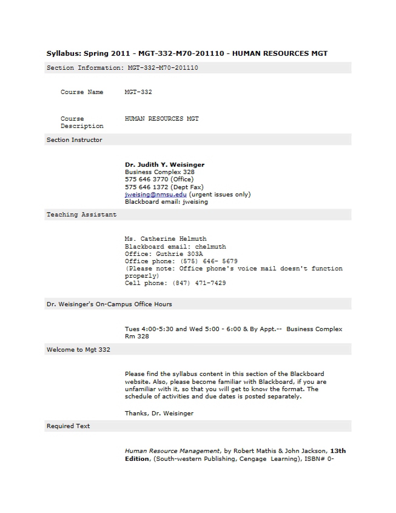 Human Resources Management Course Syllabus - 17 Pages