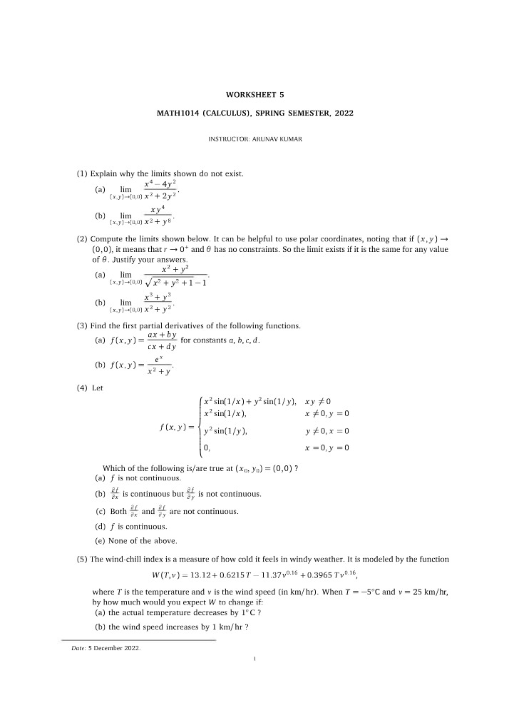 MATH1014 Calculus Worksheet 5