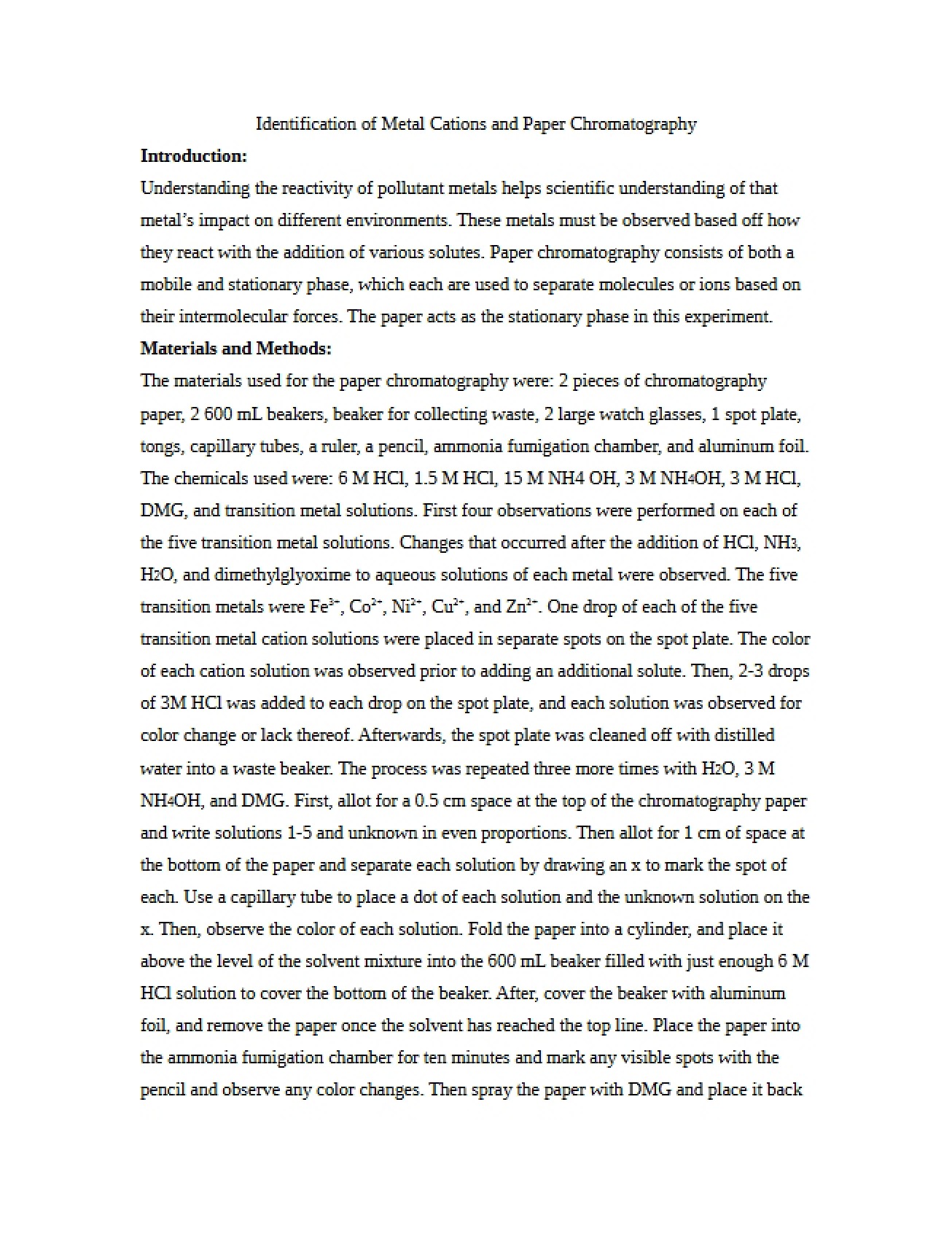 Experiment on the Identification of Metal Cations and Paper Chromatography