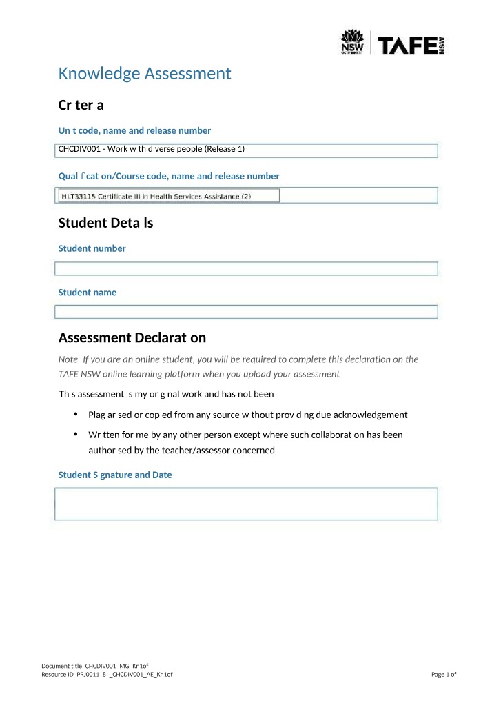CHCDIV001 Work with Diverse People Assessment Primary
