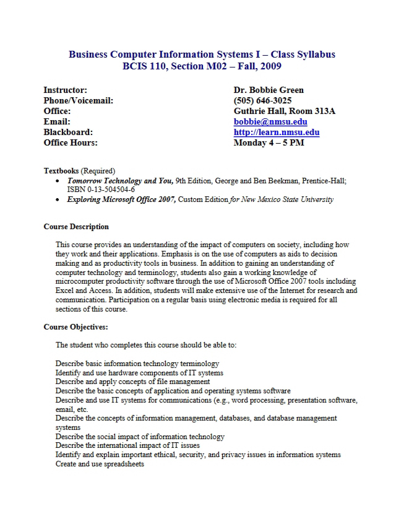 Business Computer Information Systems Course Syllabus