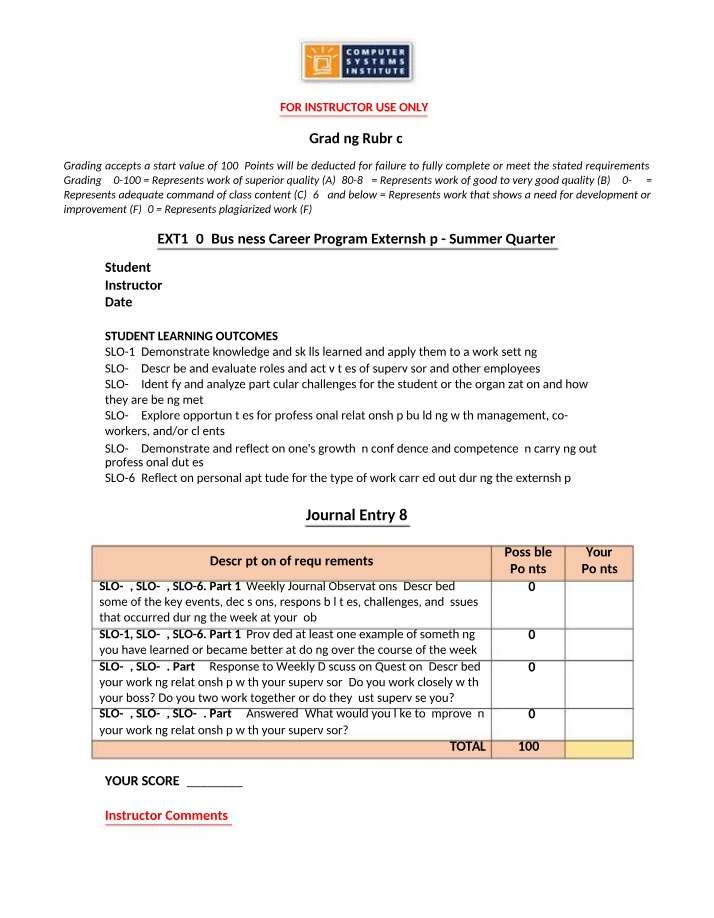 Journal 8 Rubric - EXT140