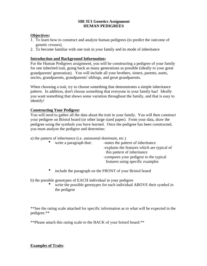 SBI3U Genetics Assignment - Analyzing Human Pedigrees