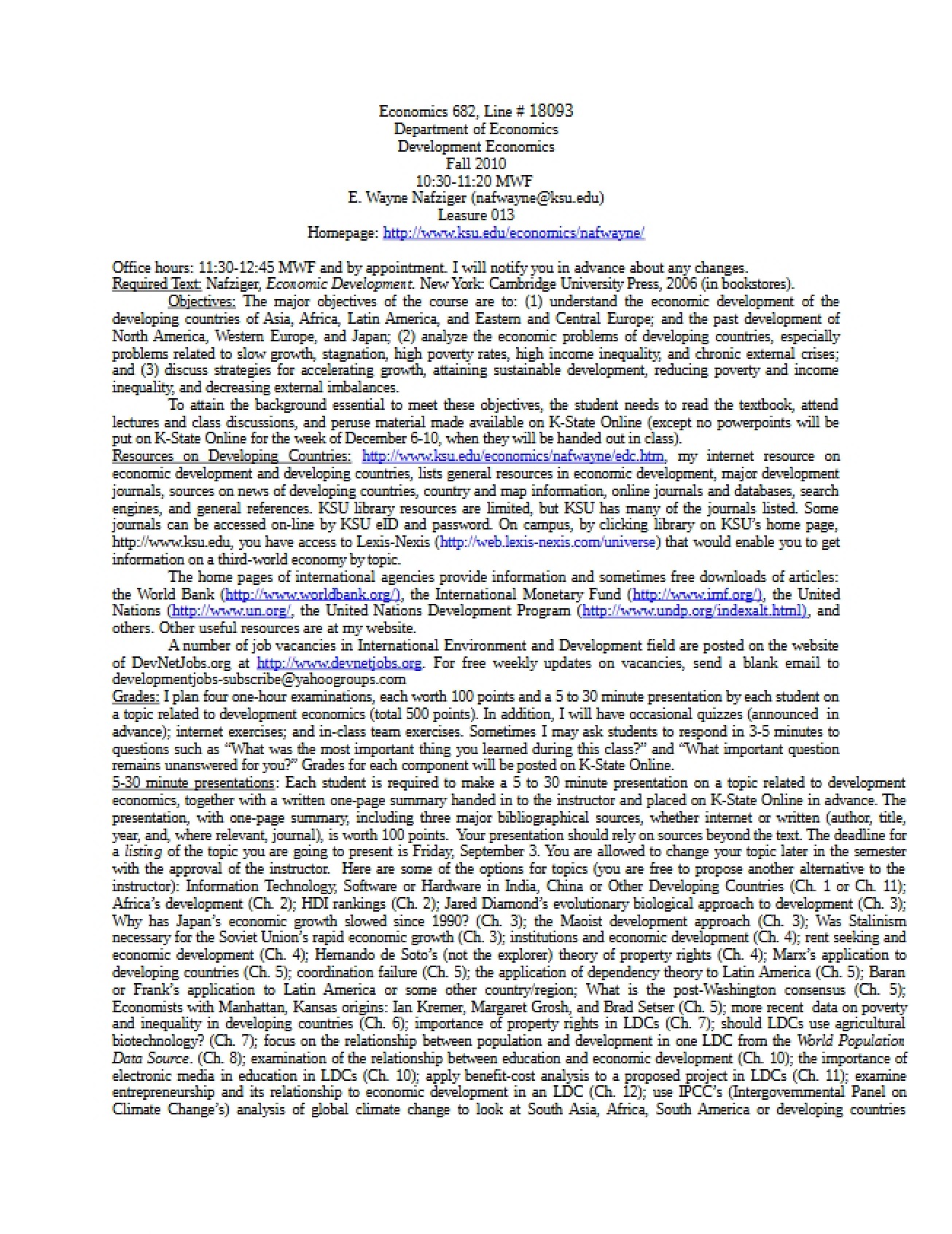Course Syllabus for the Economics of Developing Countries