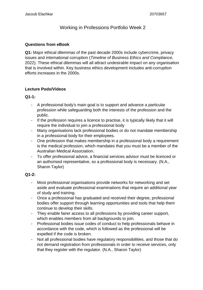 Working in Professions - Week 2 Portfolio