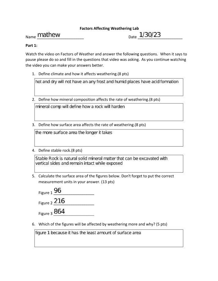 Lab Worksheet for Factors Affecting Weathering
