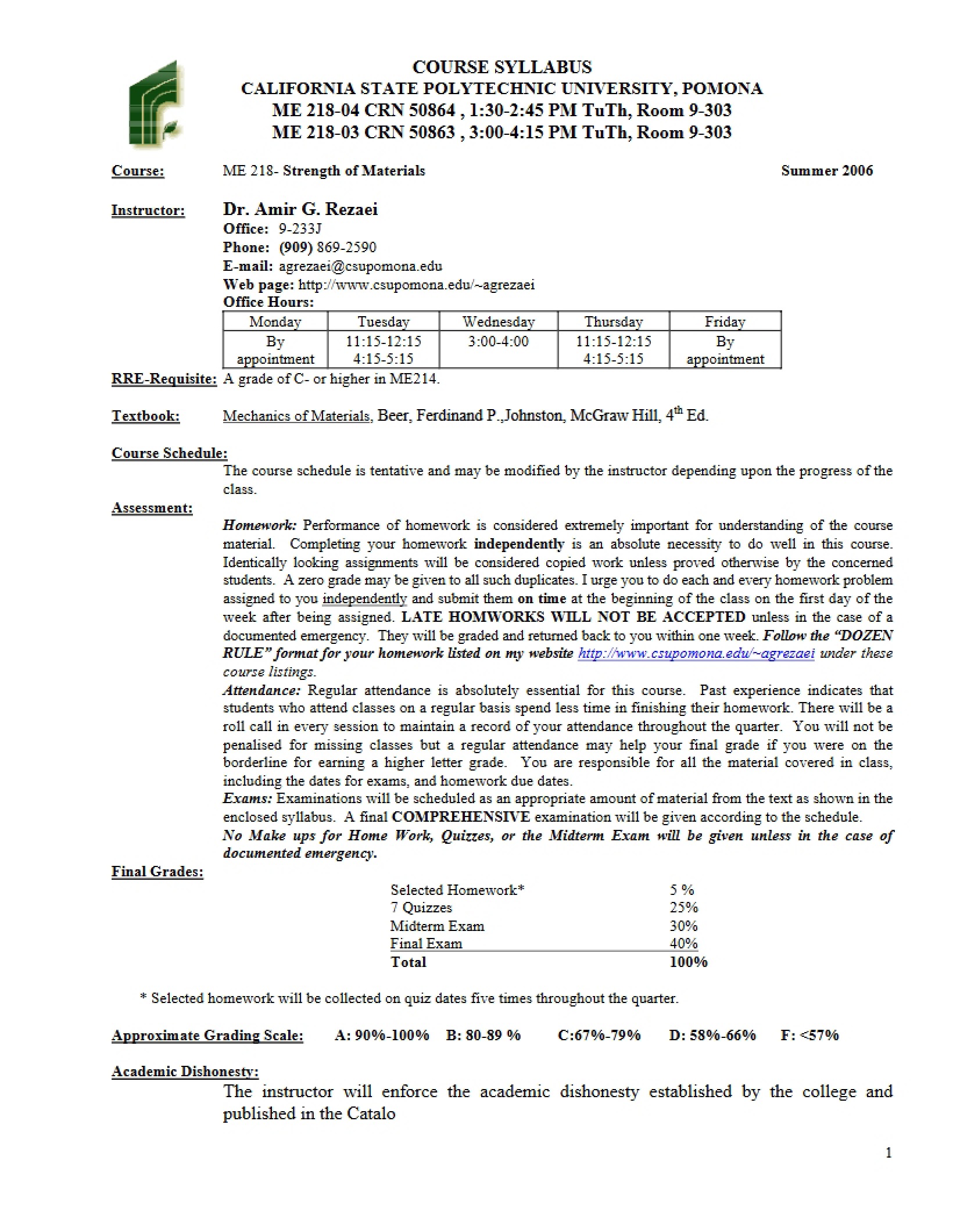 Strength of Materials I Syllabus