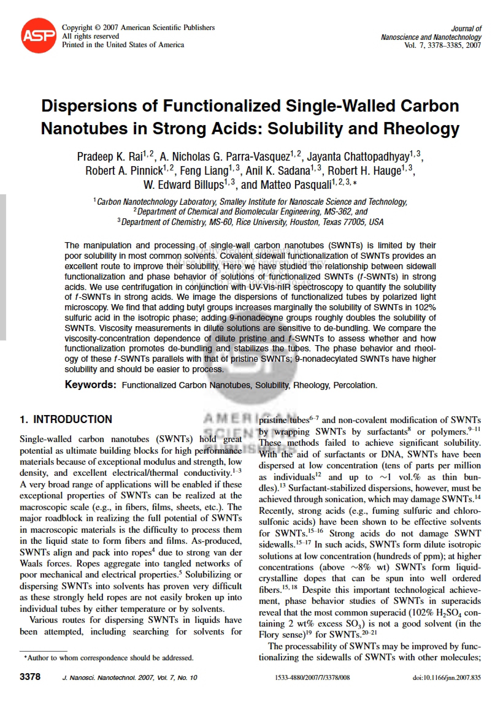 Strong Acids Dispersions of Functionalized Single Walled Carbon Nanotubes