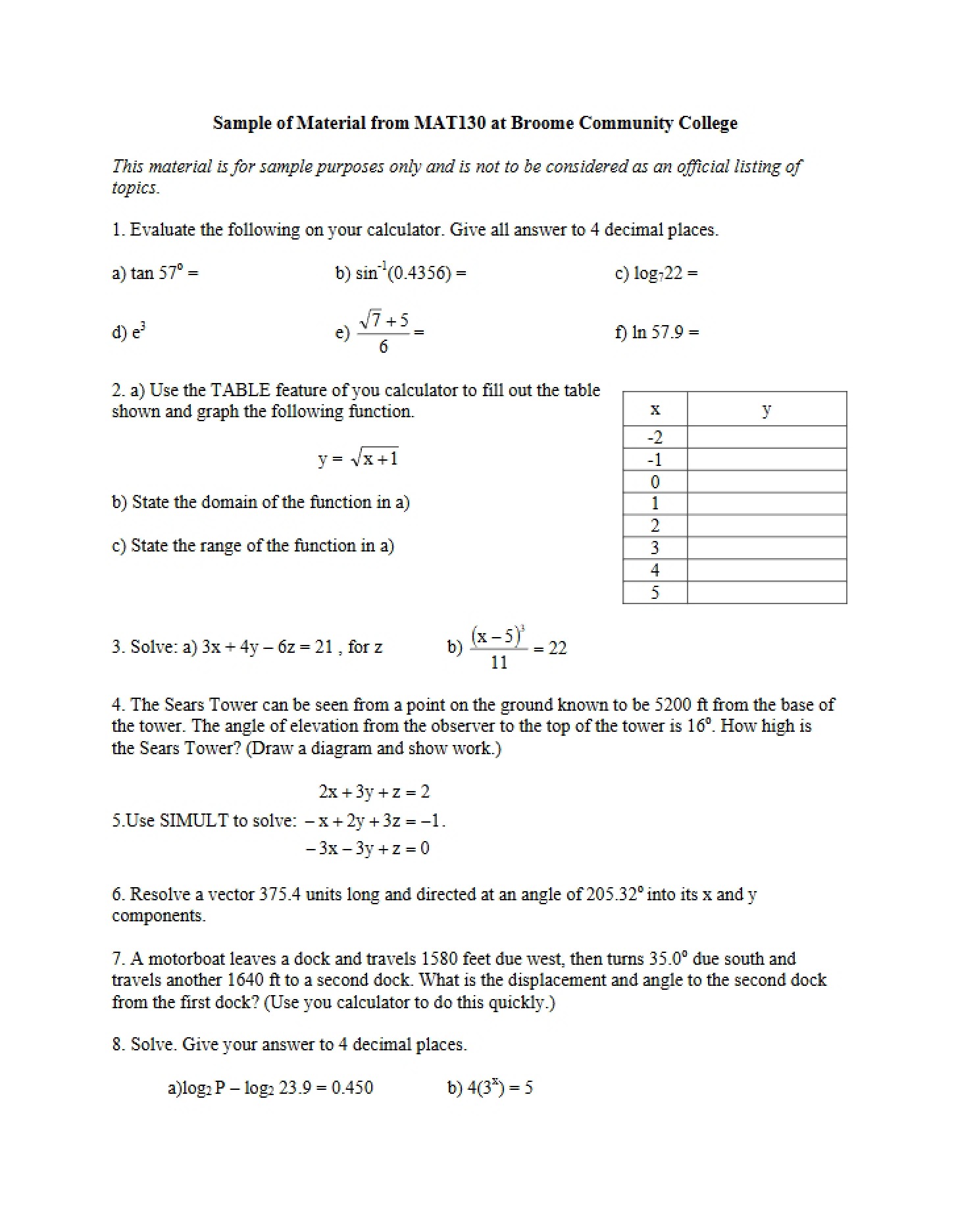 MAT 130 Question Samples