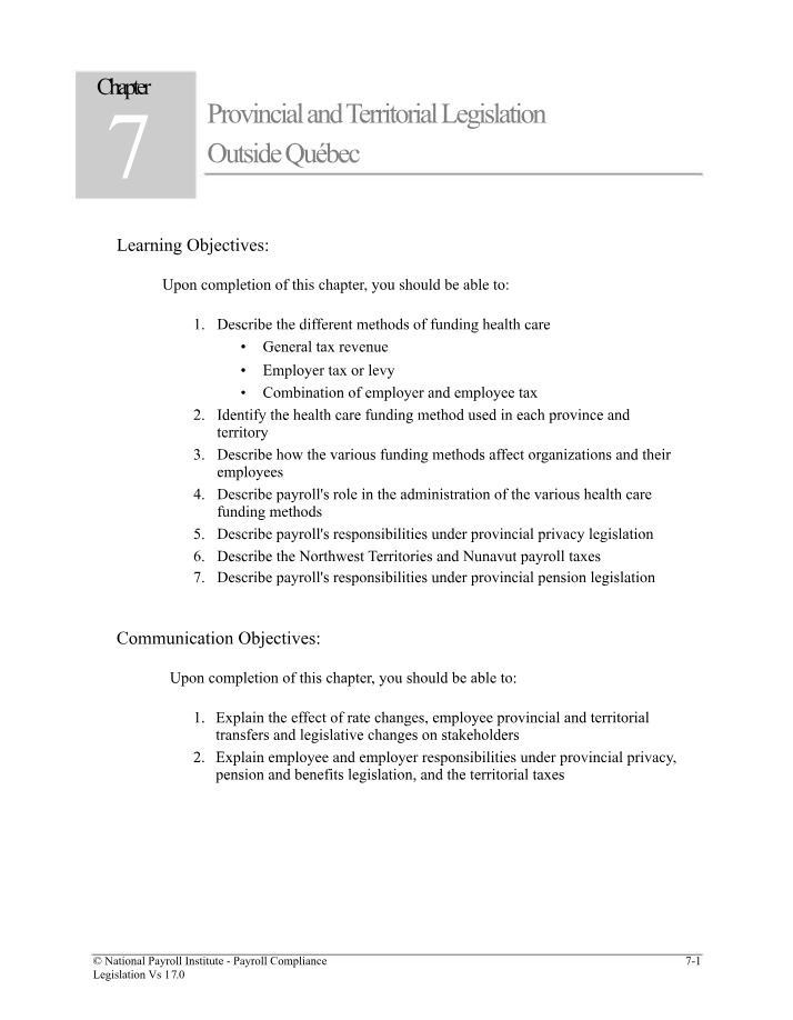 Legislation Outside Quebec - Provincial and Territorial