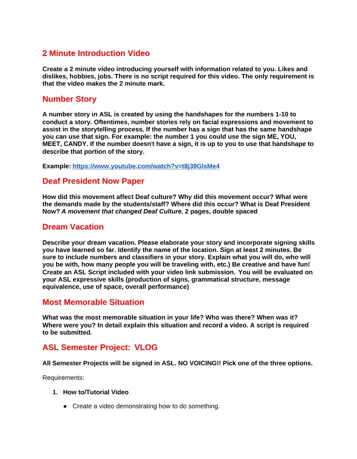 Requirements for ASL Semester Project VLOG