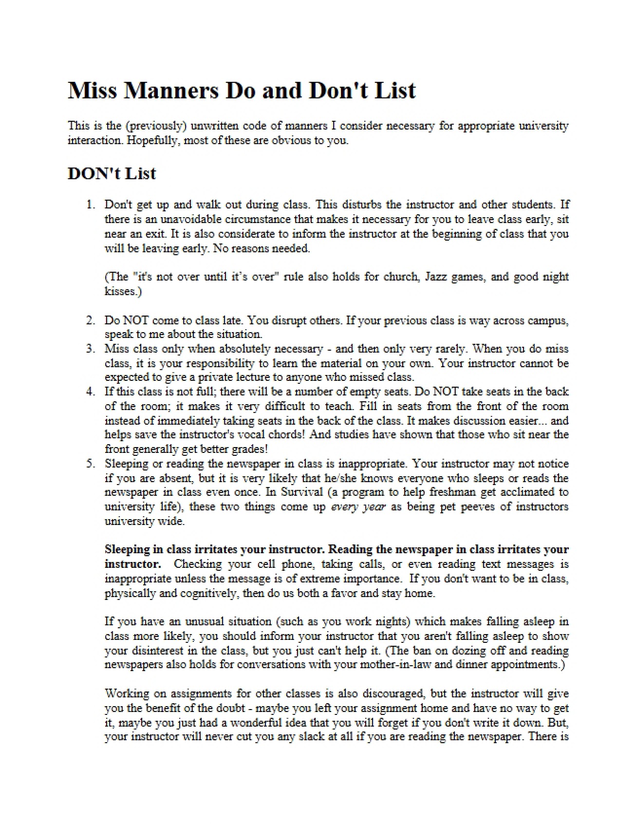 List of Dos and Don'ts from Miss Manners