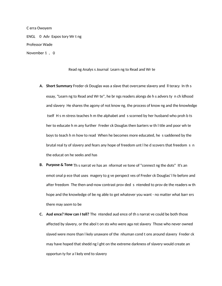 Learning to Read and Write - Reading Analysis Journal