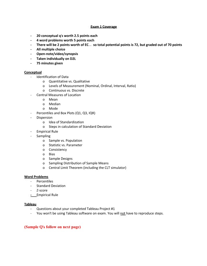 Exam 1 Coverage - Tableau, Concepts, and Word Problems