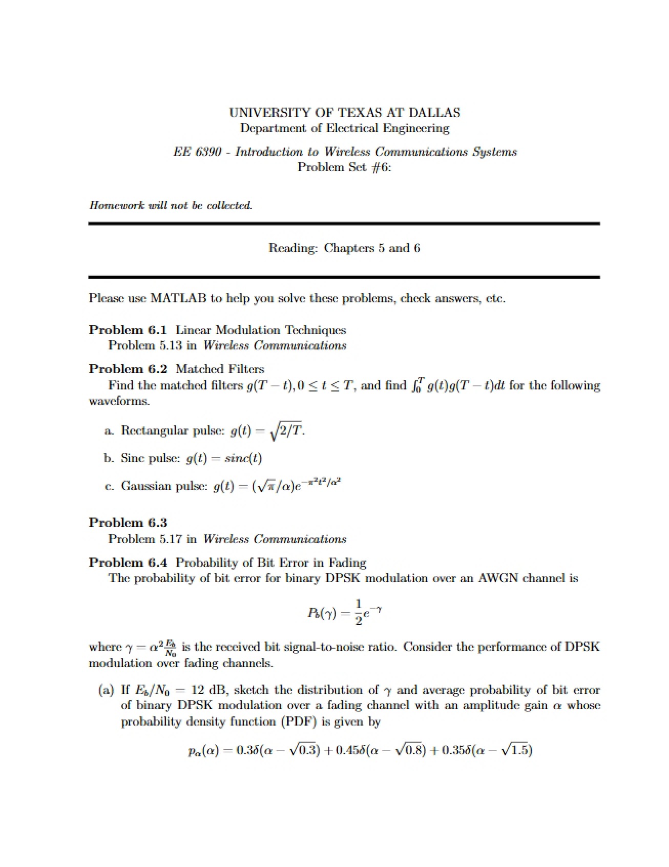 Sixth Problem Set for Wireless Communications