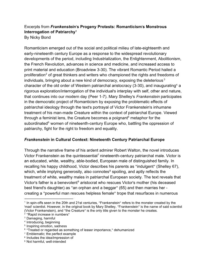 Frankenstein's Progeny - Romanticism's Monstrous Interrogation of Patriarchy