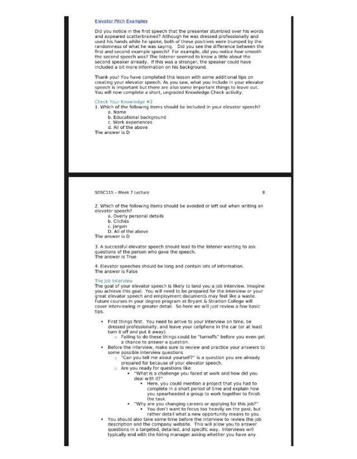 Week 7 Lecture - Elevator Pitch Examples and Job Interview Tips