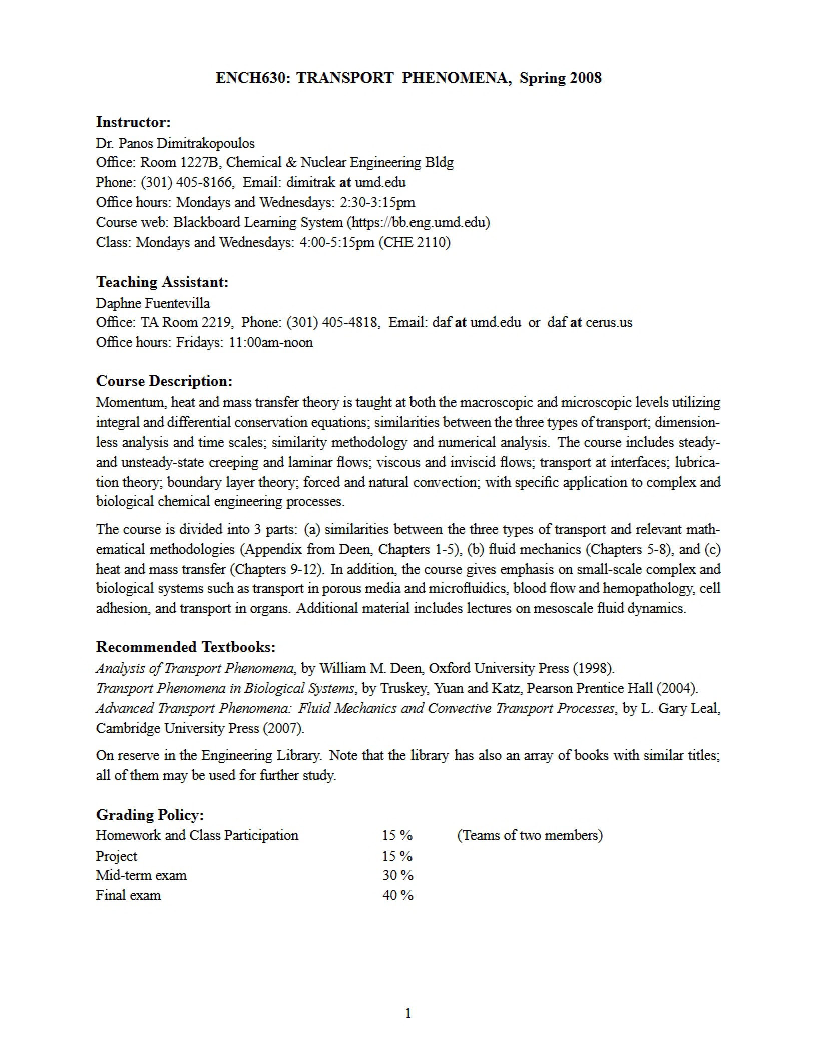 Transport Phenomena Syllabus
