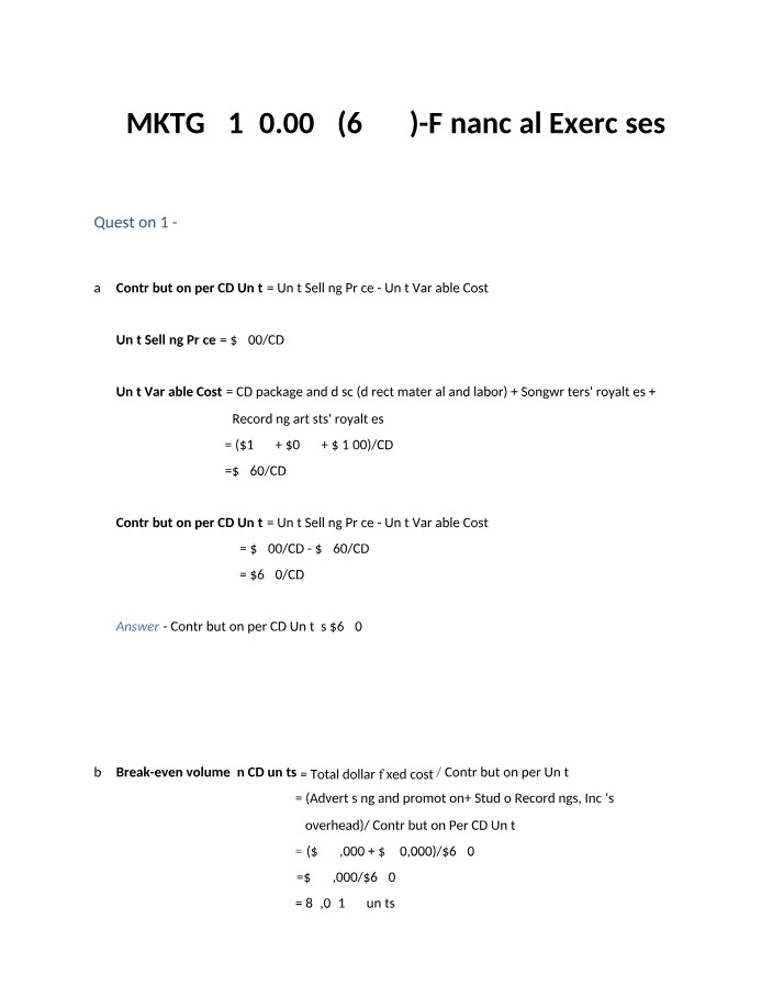Financial Exercises for MKTG 5150