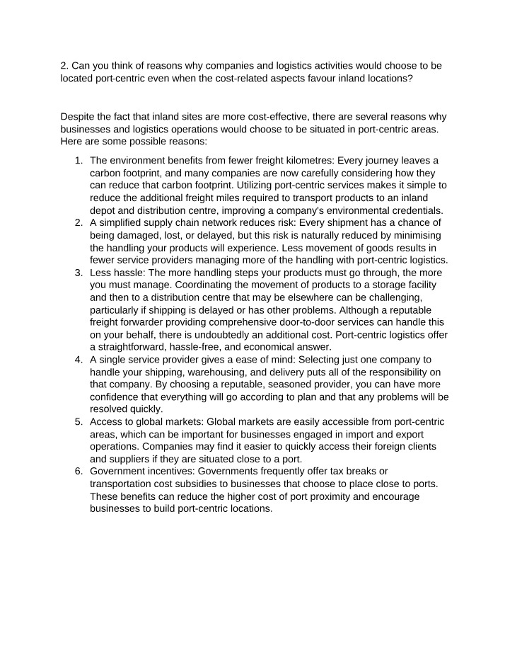 Reasons for Choosing Port-centric Locations