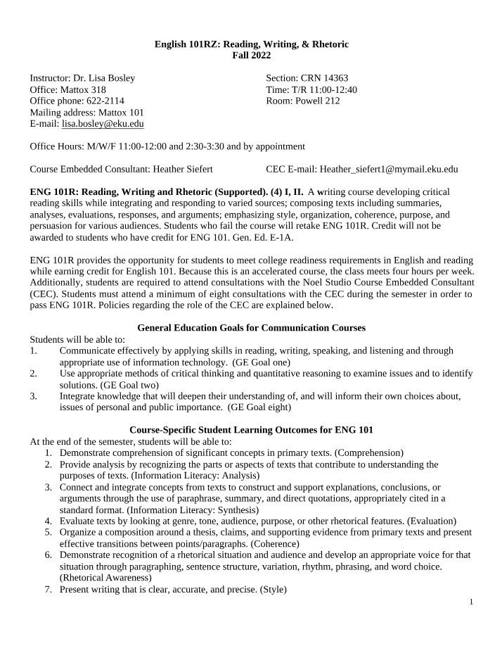 ENG 101RZ - Course Syllabus
