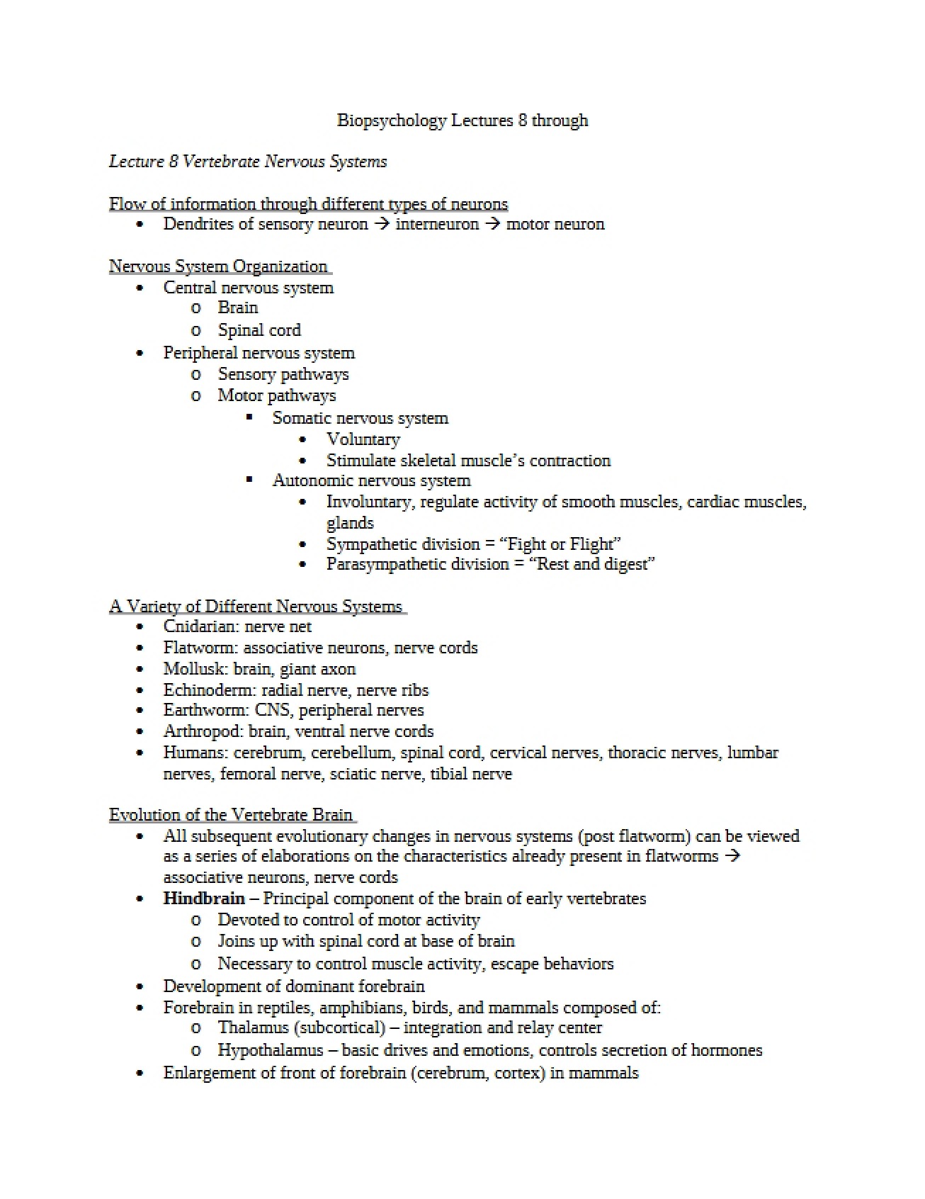 Vertebrate Nervous Systems (Lecture 8)