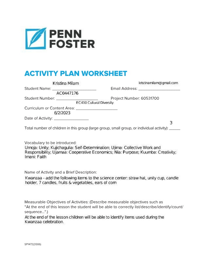 Kwanzaa Cultural Awareness - Activity Plan Worksheet