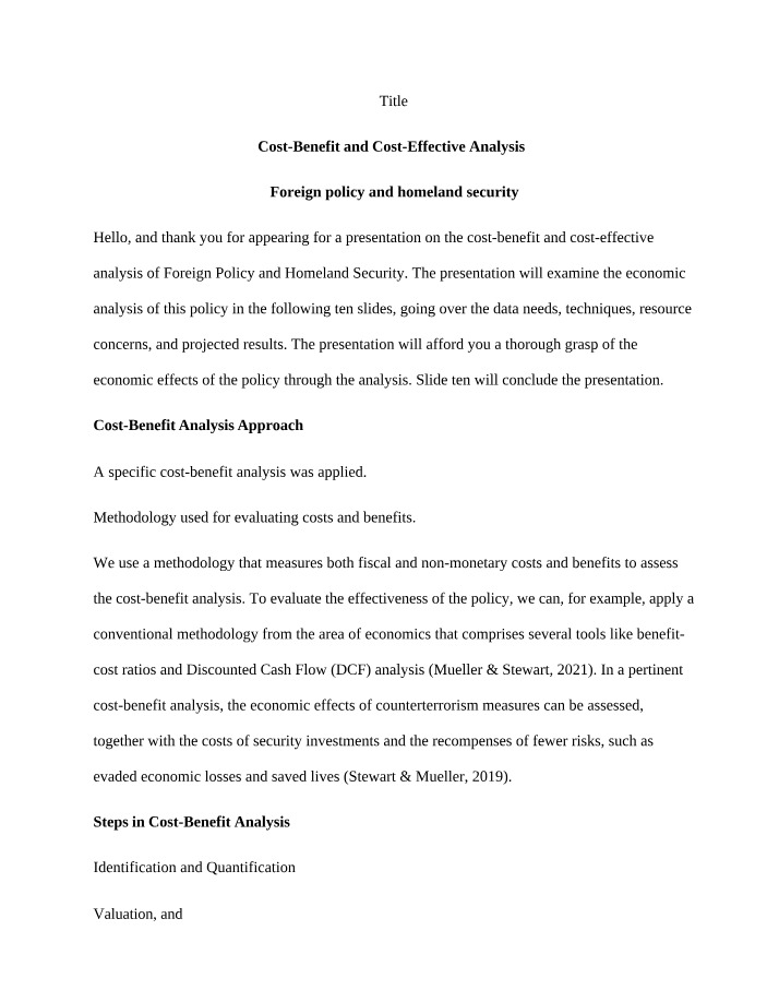 Cost-Benefit Analysis - Foreign Policy and Homeland Security