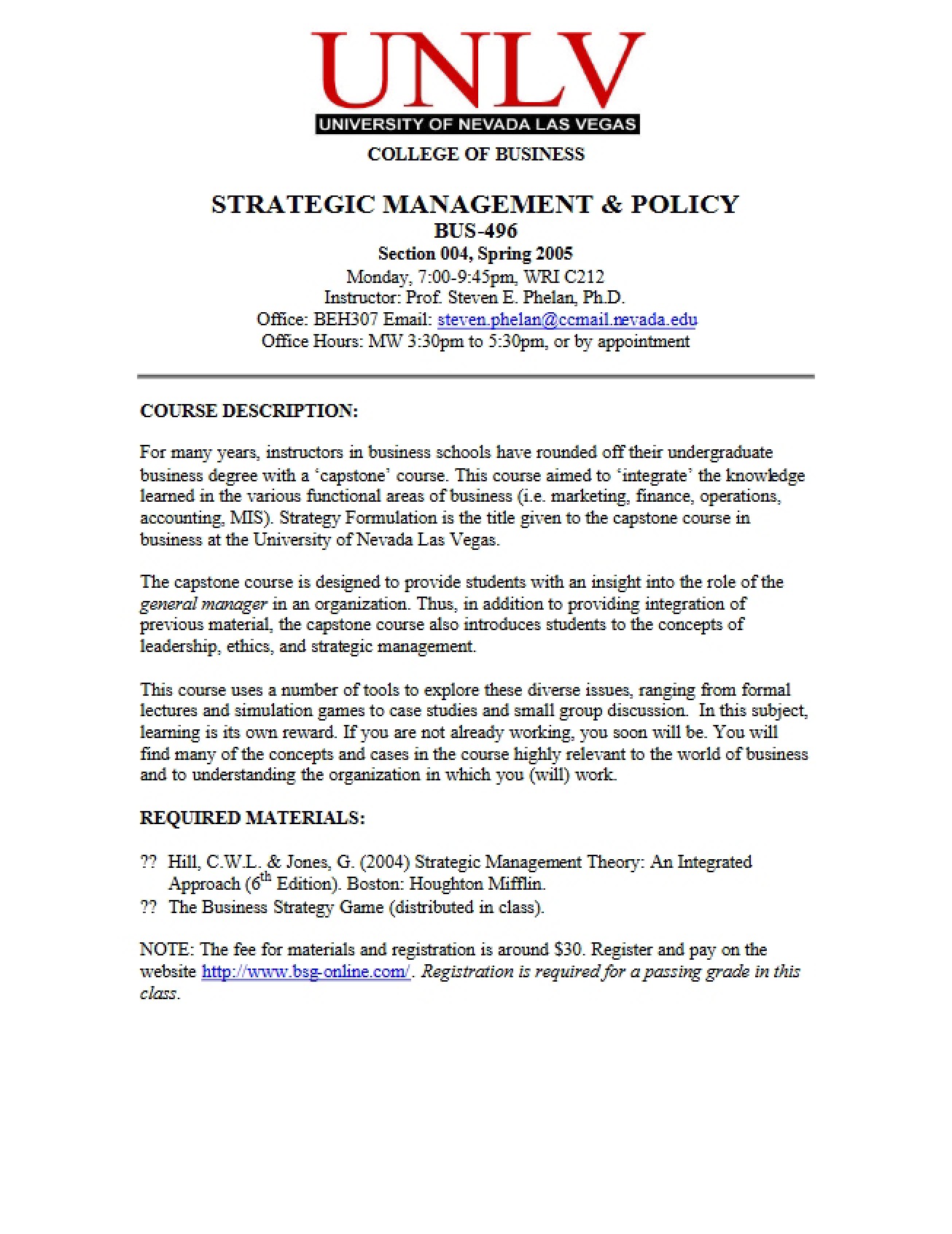 Syllabus for Strategic Management