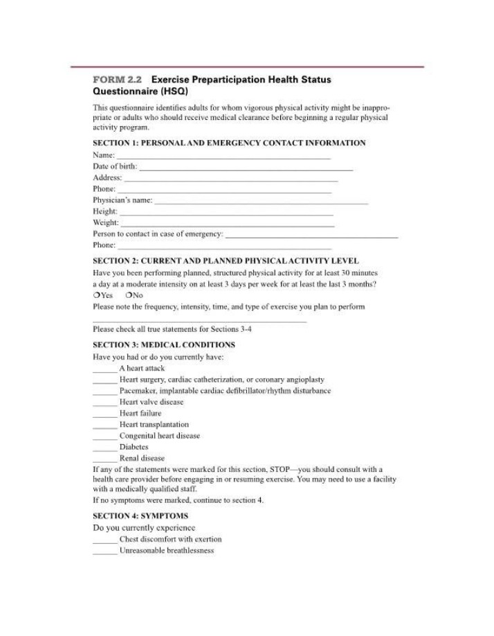 Form 2.2 - Exercise Preparticipation Health Status Questionnaire (HSQ)