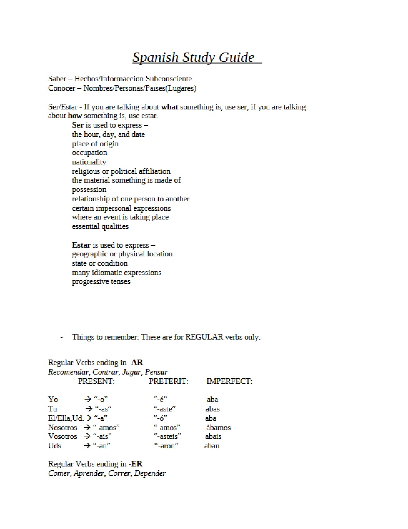 Study Guide for Spanish