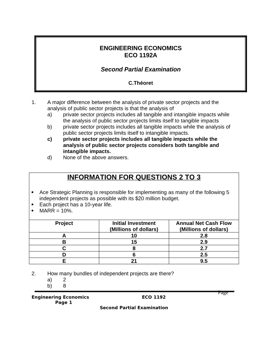 Second Partial Examination for ECO 1192A