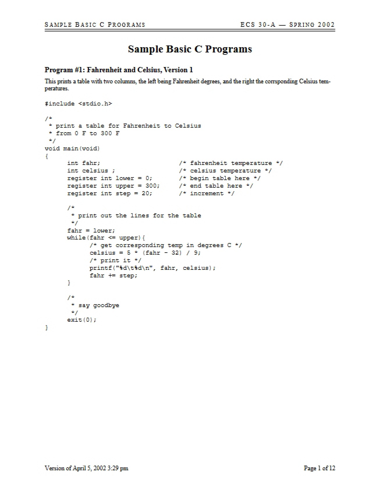Basic C Programs Samples