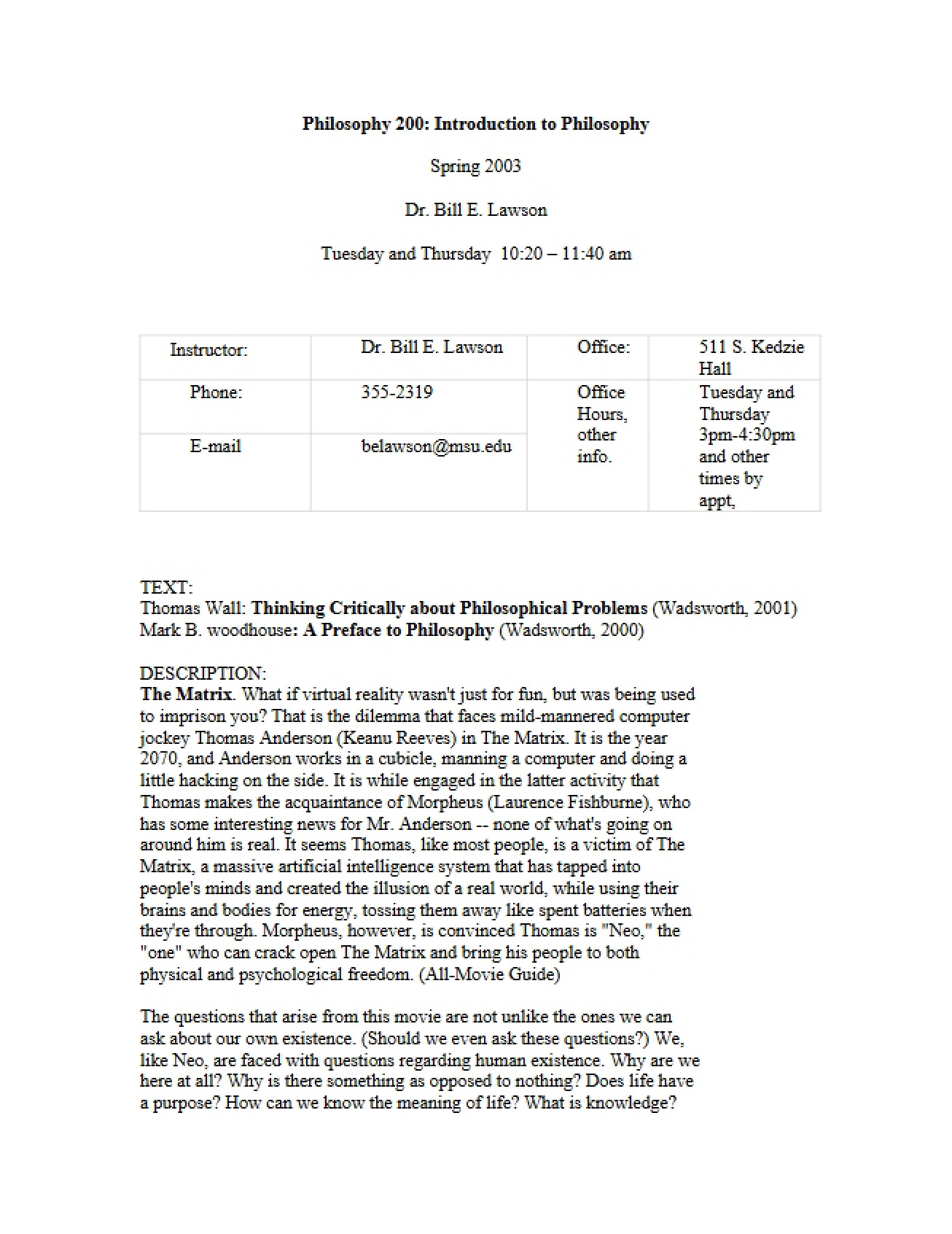 Introduction to Philosophy Syllabus - PHL 200