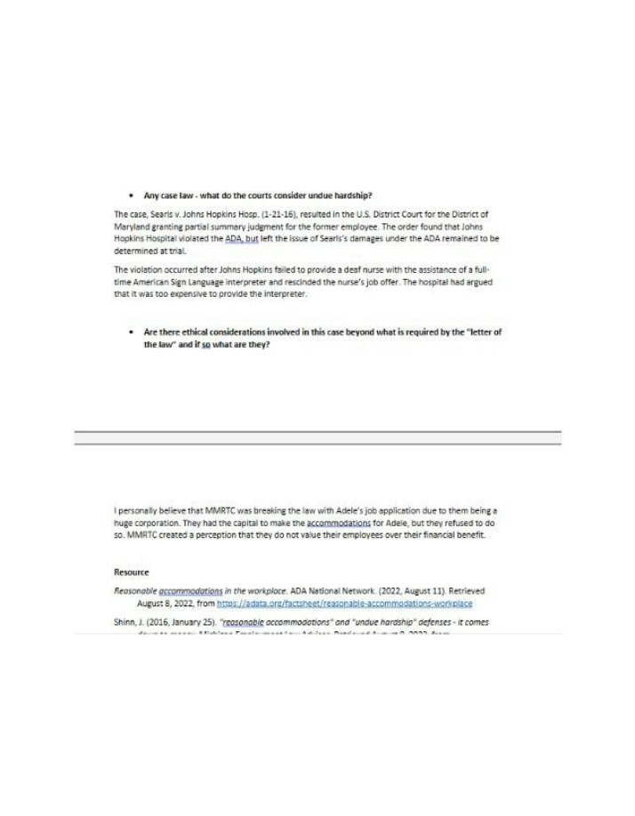 ADA Violations and Undue Hardship in Employment - A Case Study