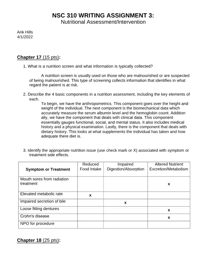Writing Assignment 3 - Nutritional Assessment Intervention