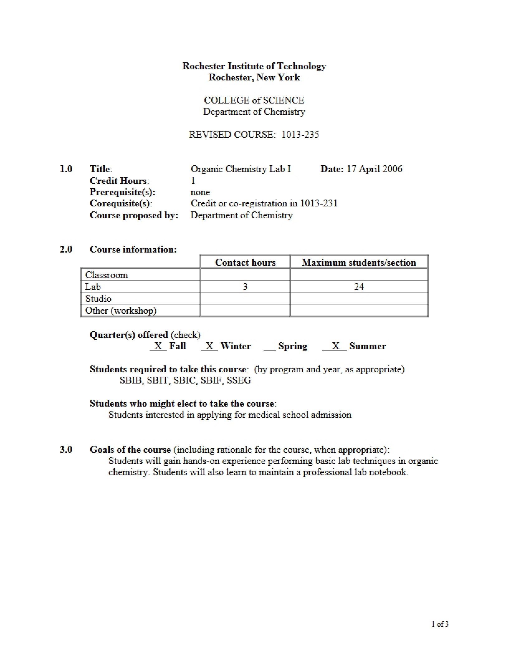 Information for Organic Chemistry Lab One