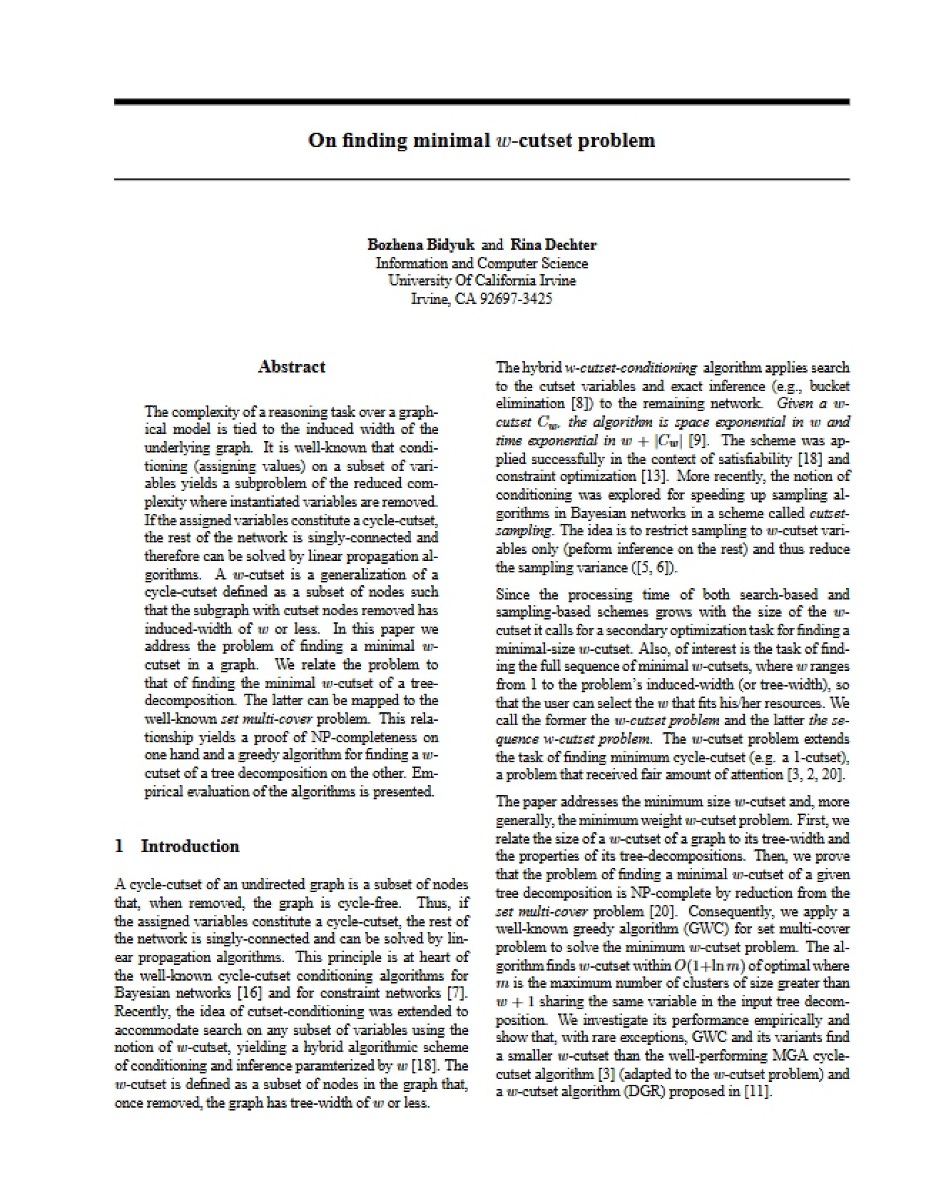 Problem of Minimal Cutset
