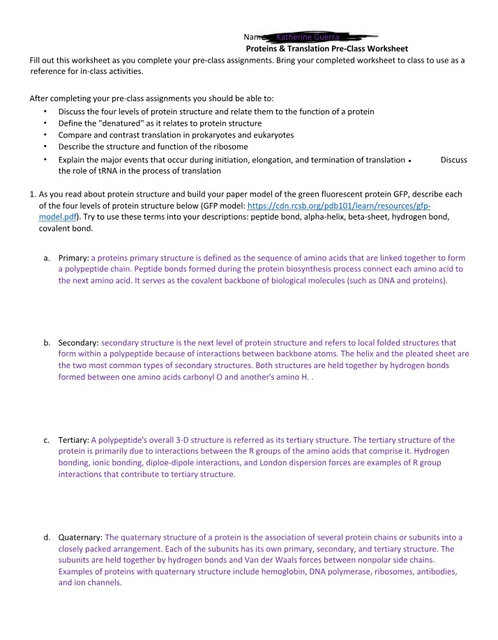 Pre-Class Worksheet on Proteins and Translation