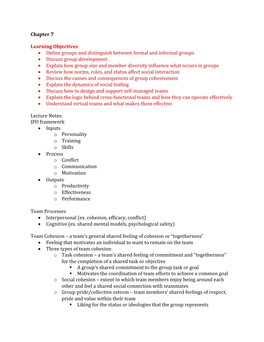 Notes on Team Processes, Organizational Culture, and Leadership (Chapters 7, 8, 9)