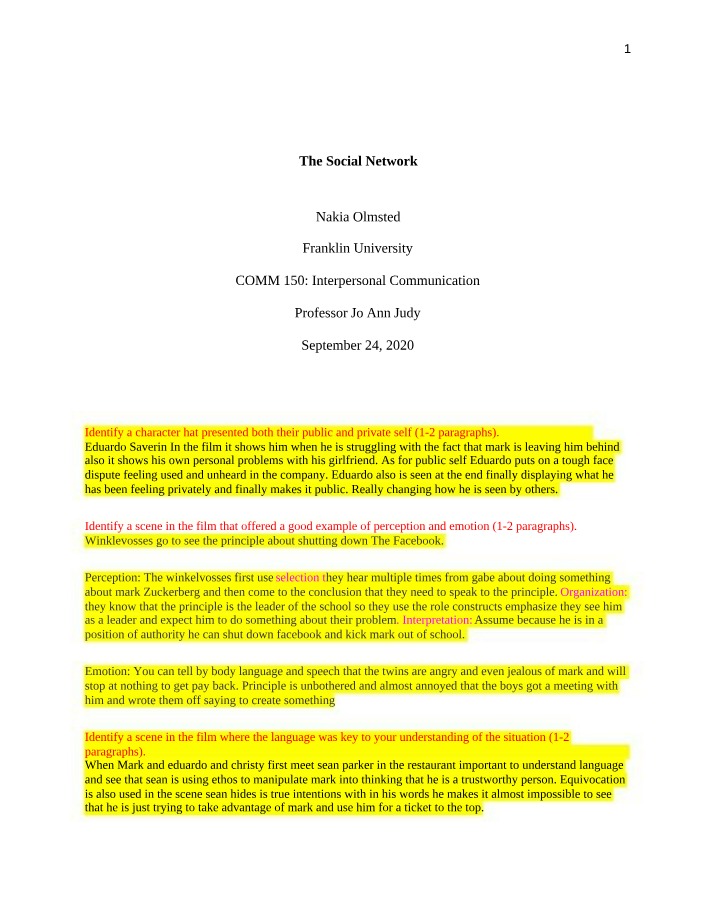 Essay Questions and Answers - The Social Network