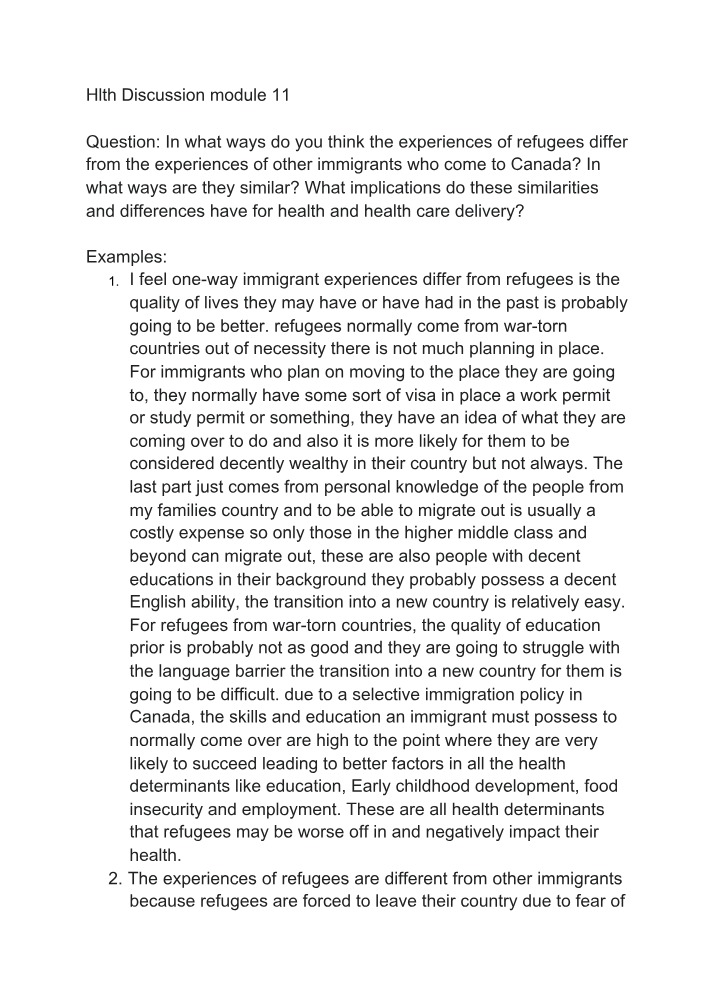 Experiences of Refugees and Other Immigrants in Canada