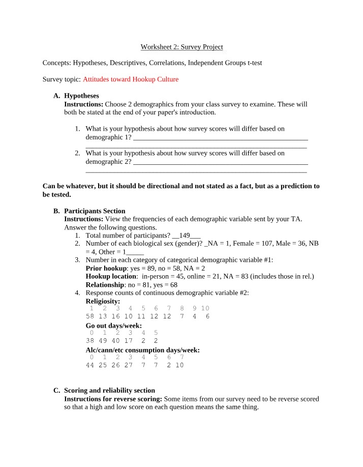 Worksheet 2 for Survey