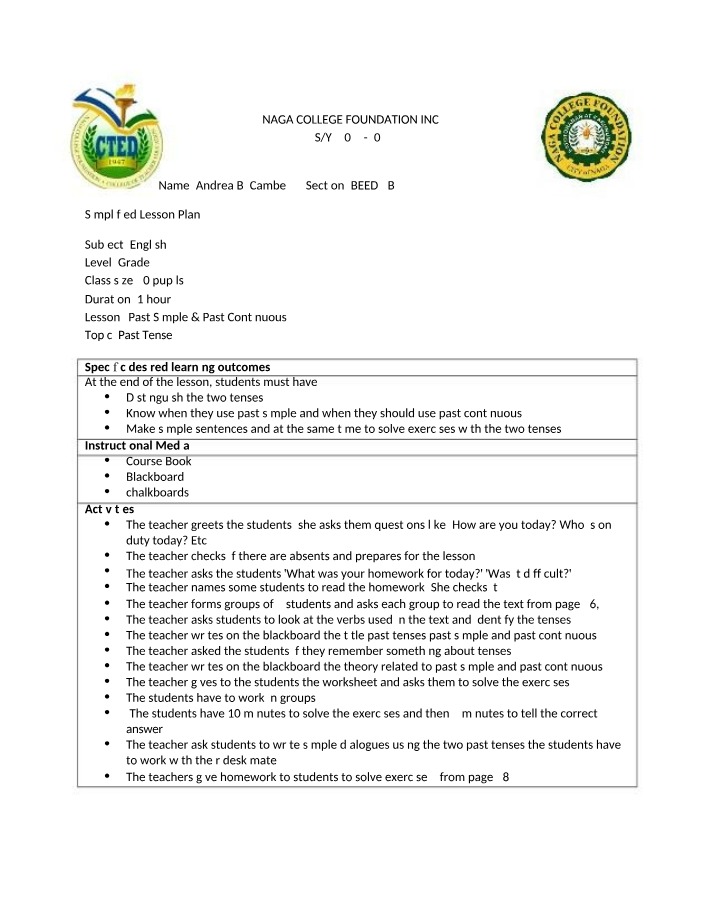 Grade 7 English Lesson Plan on Past Tenses