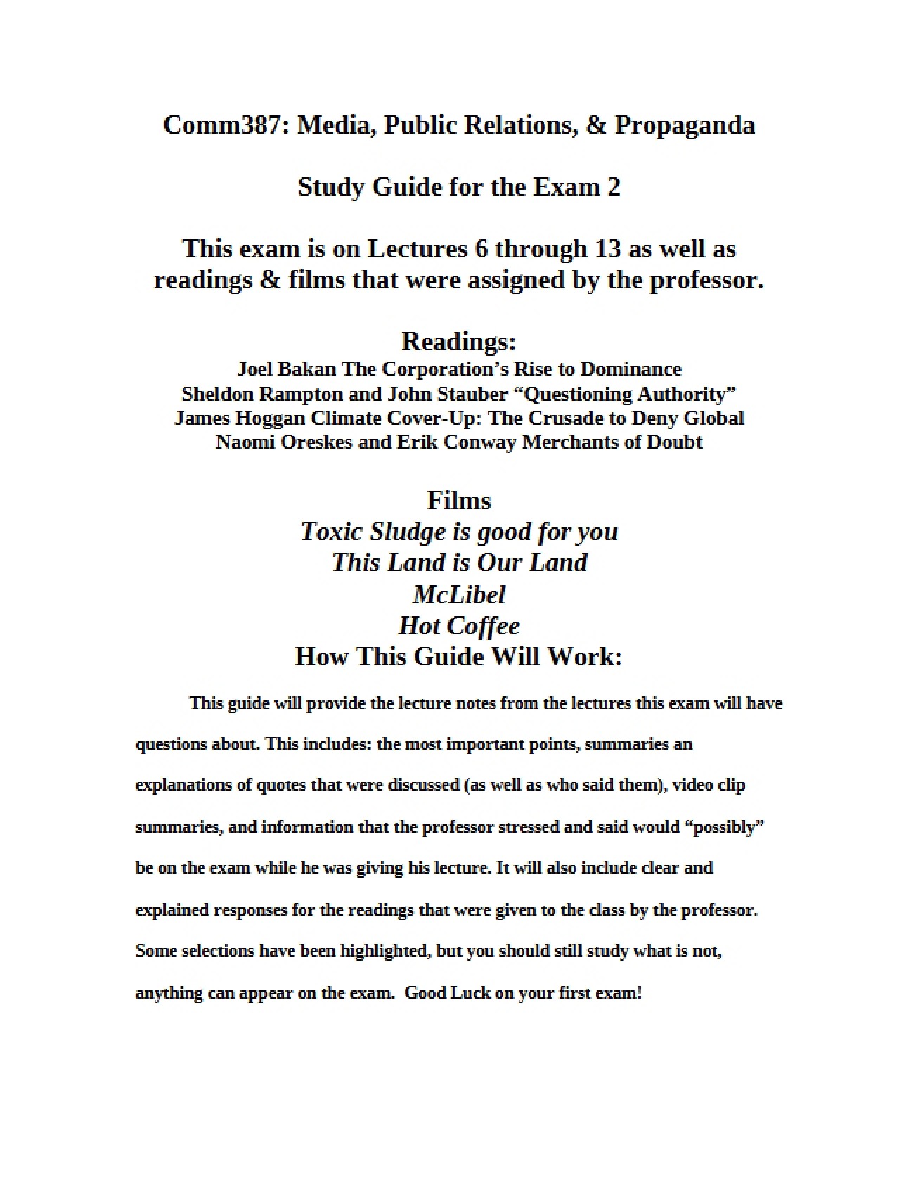 Exam Two Study Guide Part One