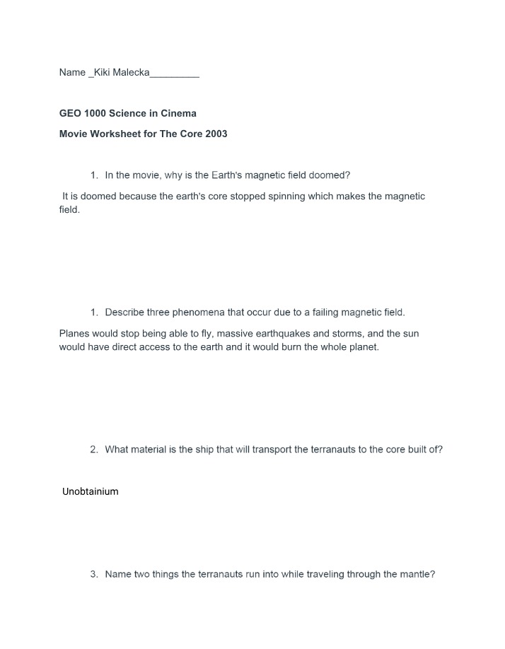 The Core 2003 Movie Worksheet